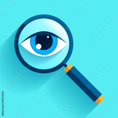 Search loupe icon in flat style, magnifying glass on color background. Zoom tool. Eye in magnifier. Vector design object for you project 