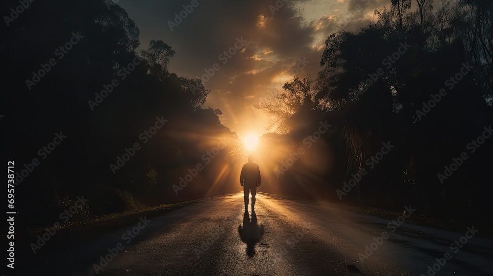 wide shot man walking on an empty dark road