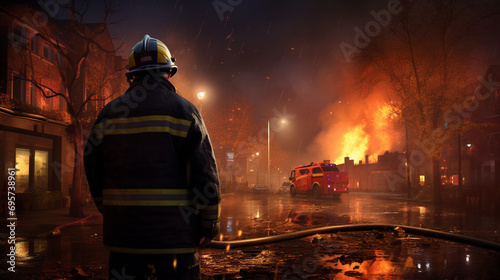 Fotografia firefighter alert at the scene of a blaze