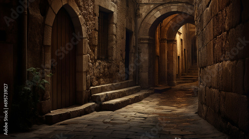 secret door at the end of a narrow cobblestone alley
