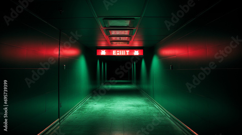 emergency exit sign glowing in a dark corridor photo