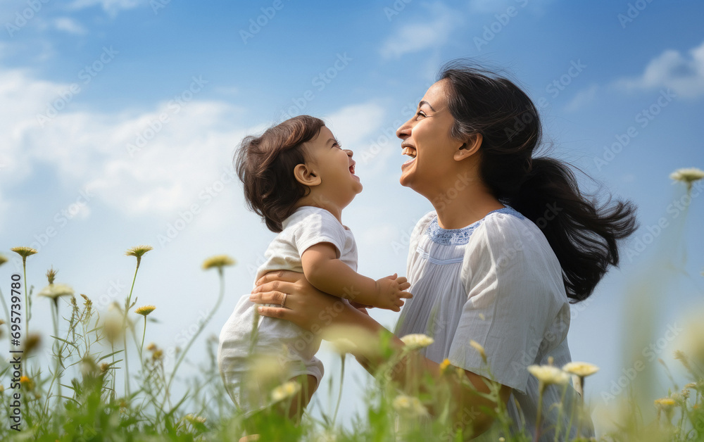 young indian mother with little baby having fun at field