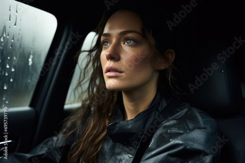 Young brunette woman inside a car at raining day. Generative AI. © visoot