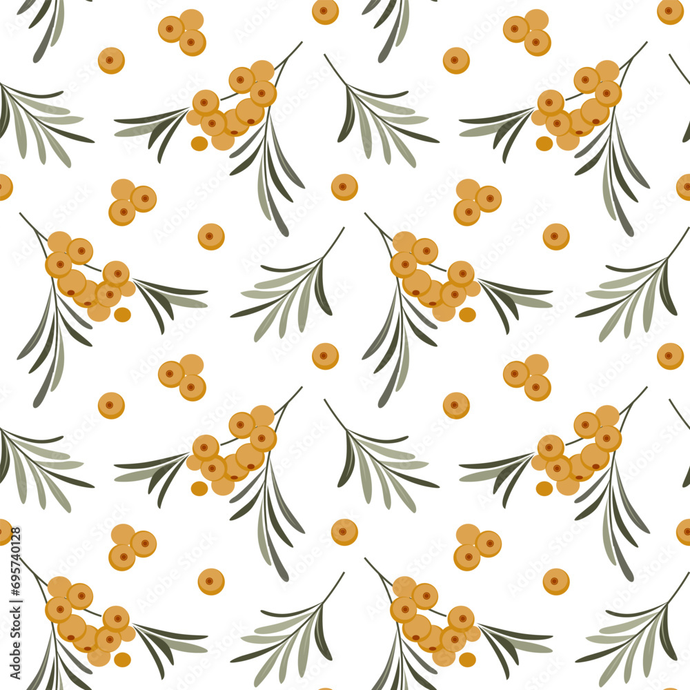 Texture with ripe tellow berries and leaves. Vector seamless pattern with sea buckthorn branches. Healthy vitanin food.