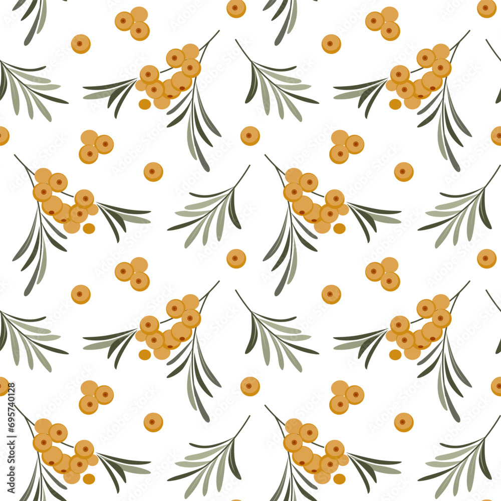 Texture with ripe tellow berries and leaves. Vector seamless pattern with sea buckthorn branches. Healthy vitanin food. Texture with ripe tellow berries and leaves. Vector seamless pattern with sea buckthorn branches. Healthy vitanin food.