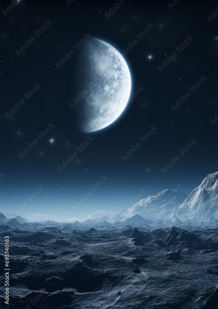 Earth appearing on the moon, in the style of cinematic set, dark blue and gray