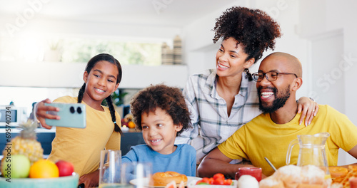 Selfie, breakfast and a black family eating in the kitchen of their home together for health, diet or nutrition. Food, photograph or memory with a mother, father and children together in an apartment