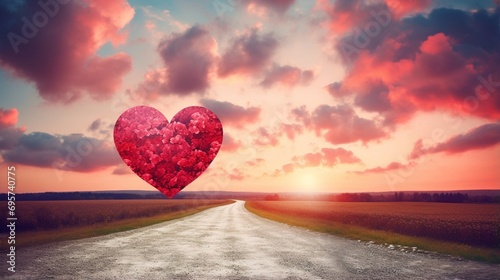 Red heart shaped sky at sunset. Beautiful landscape with road and clouds.Love background .