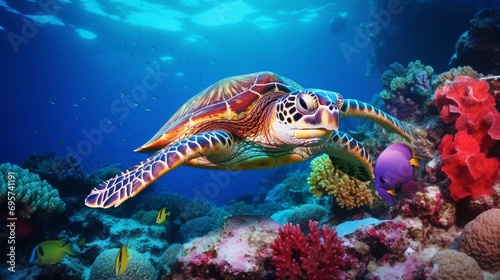 Red sea diving big sea turtle sitting on colorful coral reef.