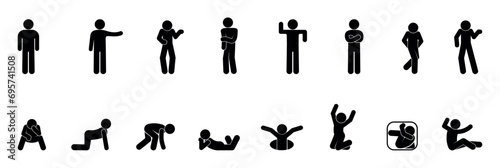 stick figure man icon, set of poses and gestures
