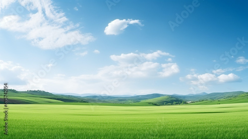 Wide panoramic view of green agricultural fields lit