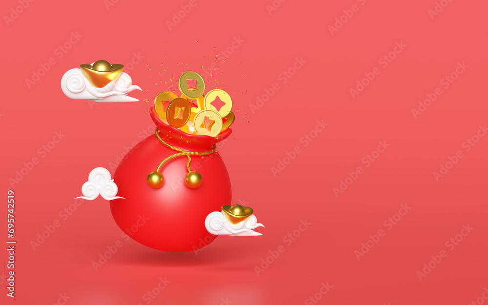 Chinese gold coins in bag with gold ingot, cloud. chinese new year 2024 capricorn. 3d render illustration Chinese gold coins in bag with gold ingot, cloud. chinese new year 2024 capricorn. 3d render illustration