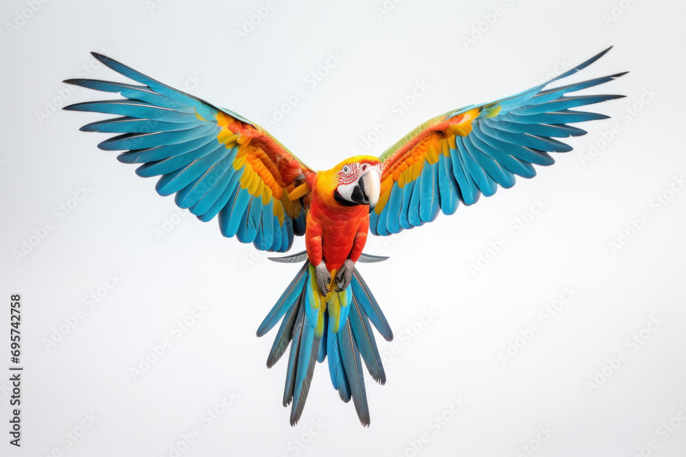A beautiful colorful parrot flying on white background.