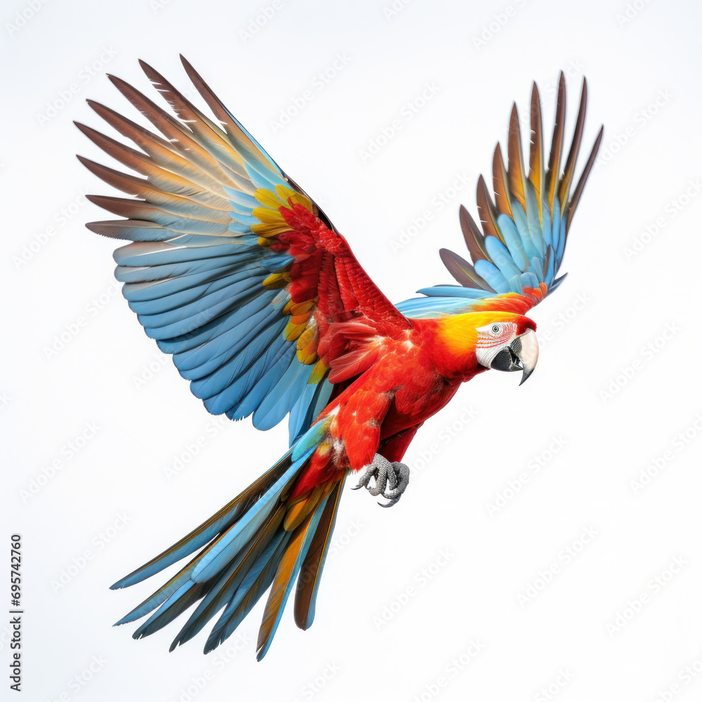 Fototapeta premium A beautiful colorful parrot flying on white background.