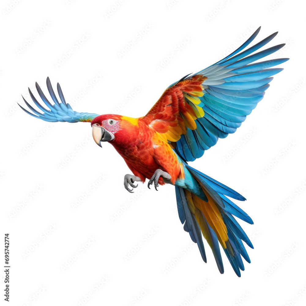 Fototapeta premium A beautiful colorful parrot flying on white background.