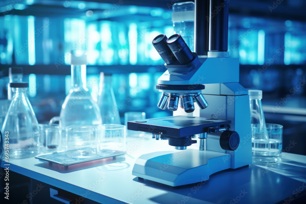 A microscope with lab glassware in modern medical laboratory. A microscope with lab glassware in modern medical laboratory.