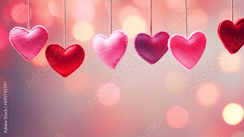 Cute hearts hanging on a bokeh background with copy text space - ai generative