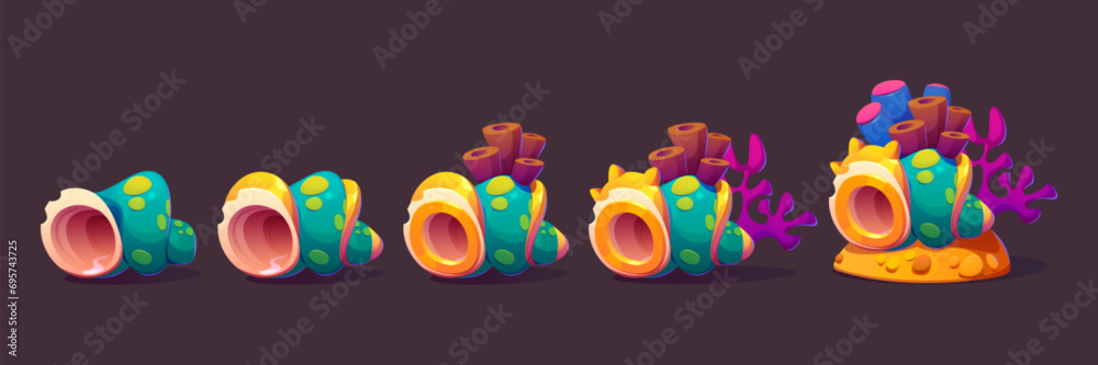 Sea shell game level rank assets. Cartoon set of evolution stages of cute marine underwater seashell for game ui design. Growing steps of bright nautical or aquarium horned clam with corals and algae. - obrazy, fototapety, plakaty 