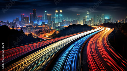 A long exposure photo of a highway at night.