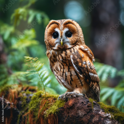 A tawny owl perched in forest.