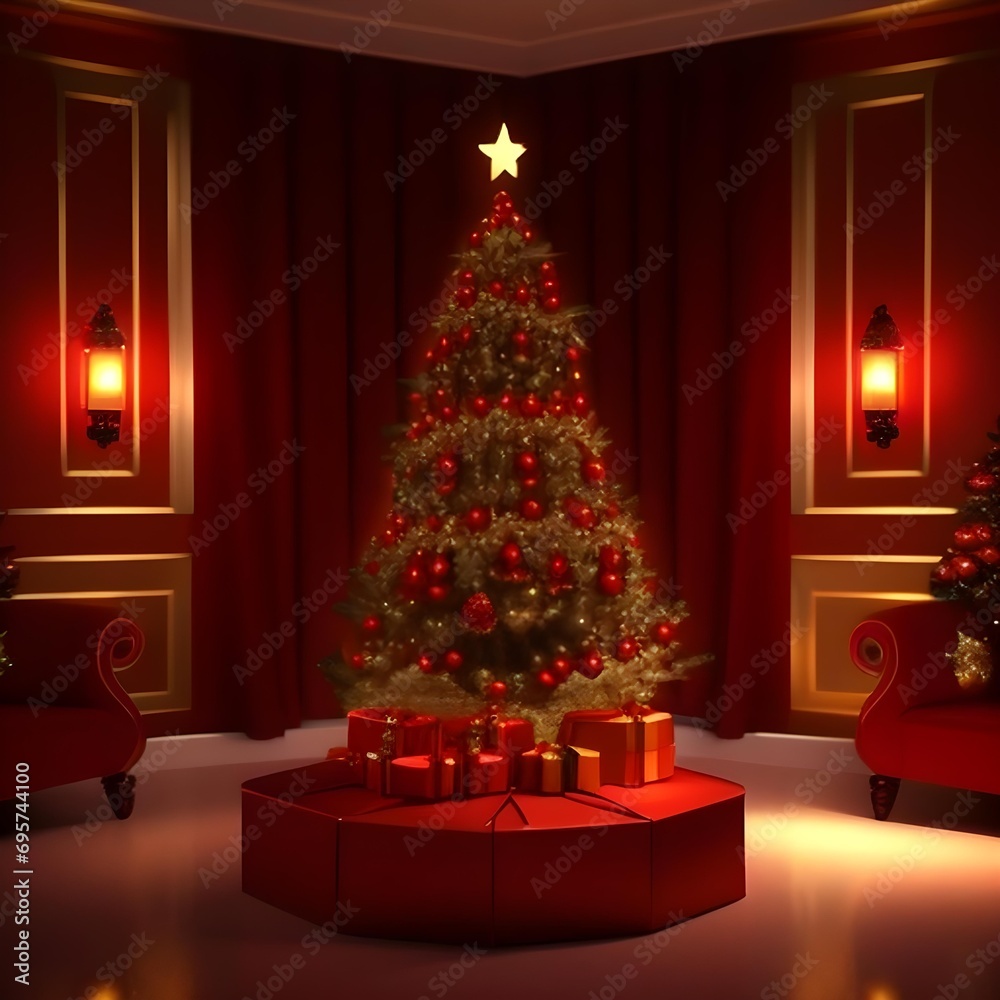 Generative Ai with an illustration of A Christmas tree decorated with red and gold ornaments and bows. Generative Ai with an illustration of A Christmas tree decorated with red and gold ornaments and bows.