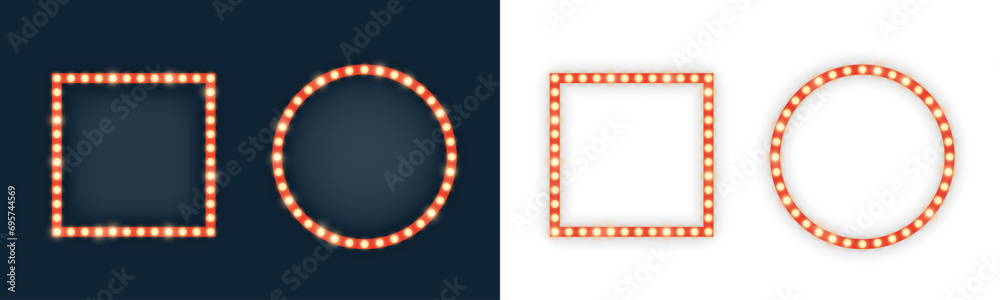 Realistic retro rectangle and circle neon marquee billboard for decoration. Concept of cinema and broadway. Isolated over transparent - obrazy, fototapety, plakaty 