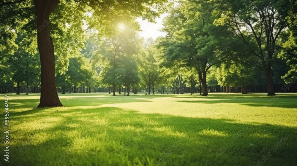 Fresh green nature, Trees in the park with green grass and sunlight.