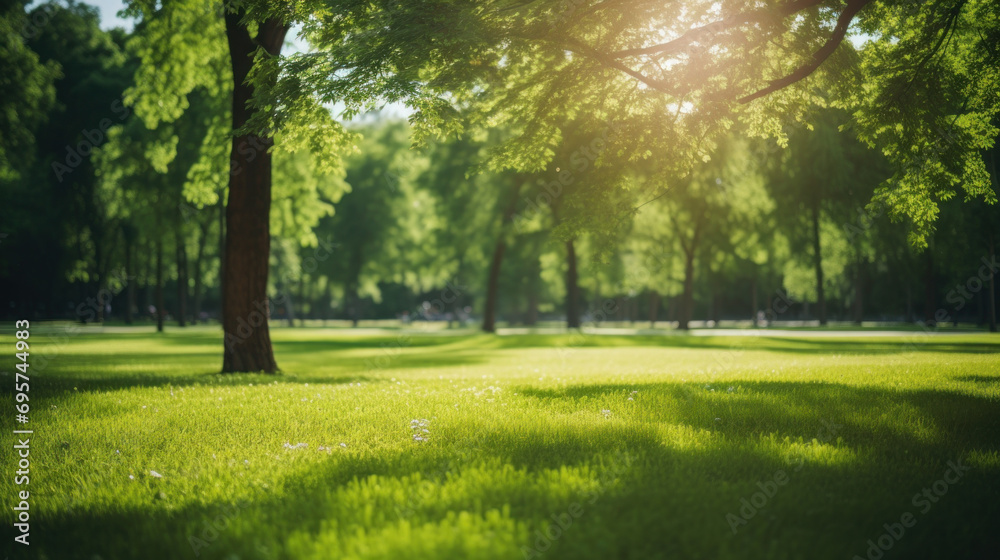 Naklejka premium Fresh green nature, Trees in the park with green grass and sunlight.