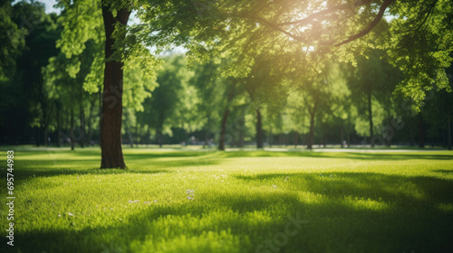 Fresh green nature, Trees in the park with green grass and sunlight.