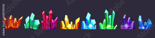 Clusters of colorful gemstone crystals sticking out of ground. Cartoon game assets of bright glowing diamond raw material rocks. Vector illustration set of mining glass treasure and jewel stones.