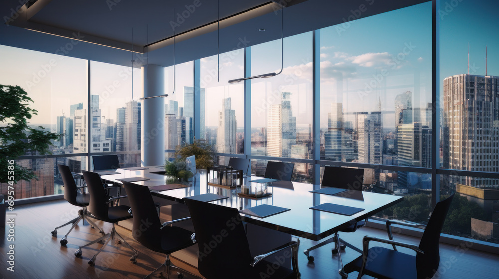 interior of meeting room office glass sectioning with city view.