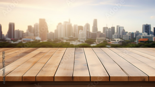 Fototapeta Naklejka Na Ścianę i Meble -  Wood table and blur bokeh city building background