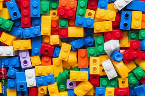 Close-up of flat lay of plastic toy block. Modern design background photo