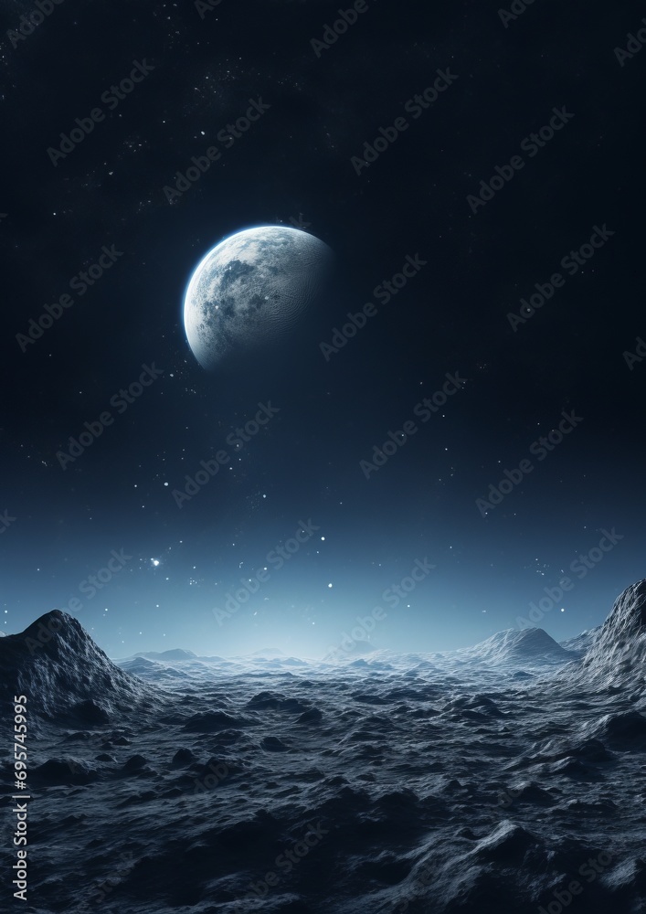 Earth appearing on the moon, in the style of cinematic set, dark blue and gray