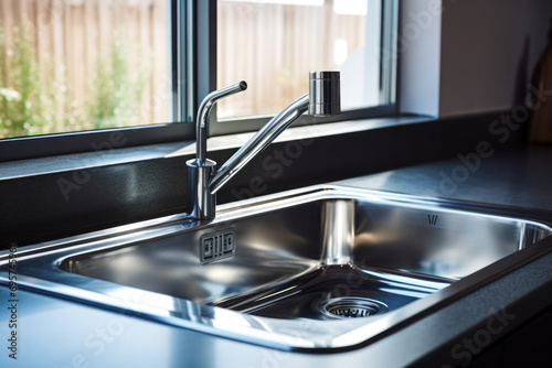 Stainless steel shiny perfectly clean sink in kitchen at home.