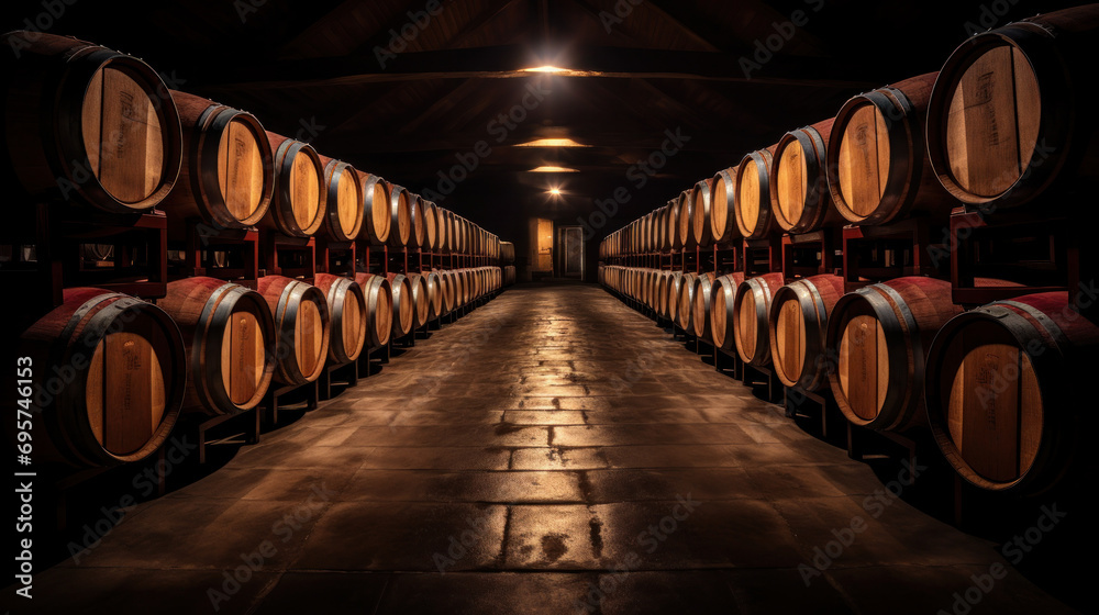Wine or cognac barrels in the cellar of the winery.