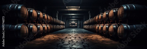 Wine or cognac barrels in the cellar of the winery. photo