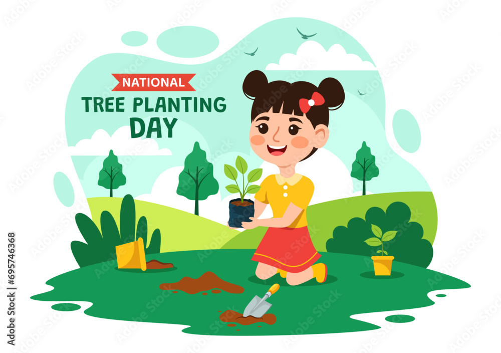 National Tree Planting Day Vector Illustration with Kids Plant Seedling Trees in Forest or Garden in Arbor Flat Cartoon Background Design National Tree Planting Day Vector Illustration with Kids Plant Seedling Trees in Forest or Garden in Arbor Flat Cartoon Background Design