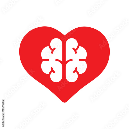 Brain and heart isolated on a whit background. Brain in love. Conflict between emotions and rationality. Icon or logo. Red color. Simple modern design. Valentine's day. Flat style vector illustration.
