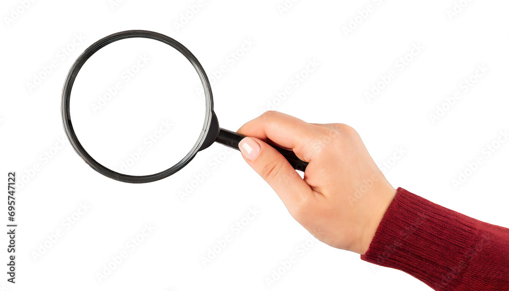 Hand holding a magnifying glass - isolated on transparent background Hand holding a magnifying glass - isolated on transparent background