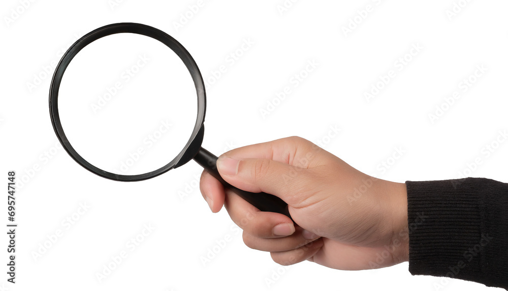 Hand holding a magnifying glass - isolated on transparent background Hand holding a magnifying glass - isolated on transparent background