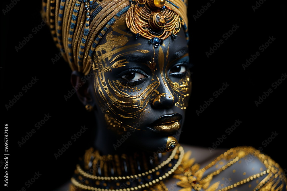 Portrait of african beautiful woman in yellow mask. Brazilian carnival concept. AI generated