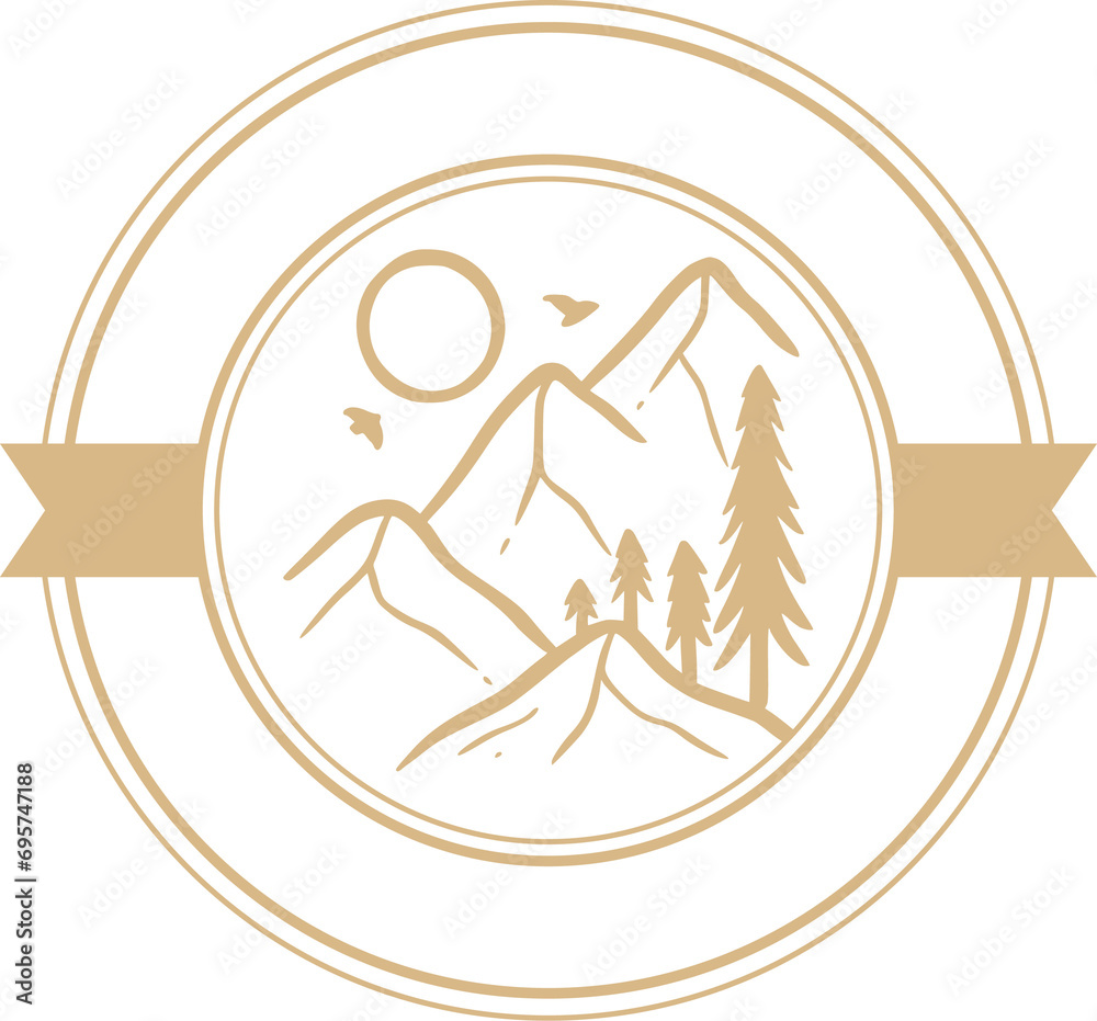 Nature Camping Line Art in Circle Badge Nature Camping Line Art in Circle Badge