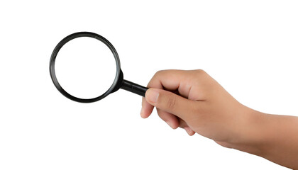 Hand holding a magnifying glass - isolated on transparent background