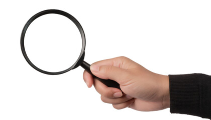Hand holding a magnifying glass - isolated on transparent background