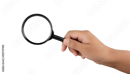 Hand holding a magnifying glass - isolated on transparent background photo
