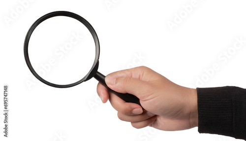 Hand holding a magnifying glass - isolated on transparent background