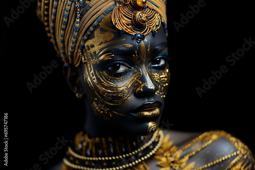 Portrait of african beautiful woman in yellow mask. Brazilian carnival concept. AI generated