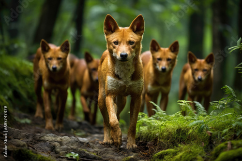 A pack of Dholes, also known as Asiatic wild dogs, in their natural habitat © Veniamin Kraskov