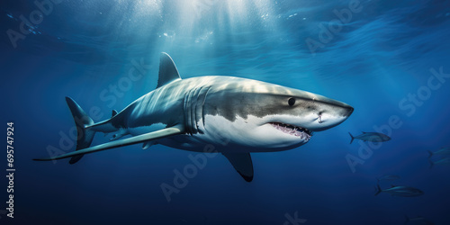 great white shark swimming in the deep blue ocean © Kien